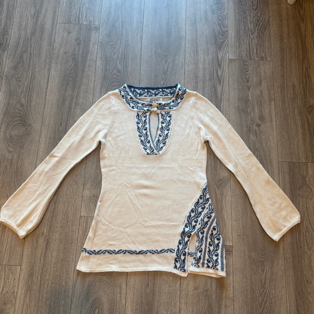 Funky People Boho Cream Blue Embroidered Long Sleeve Keyhole Top Women’s L